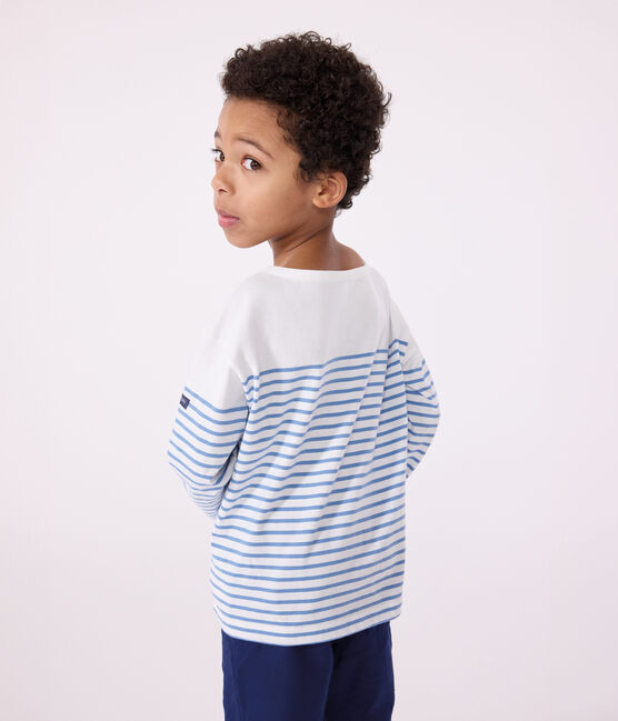 Children's long-sleeved cotton Breton T-shirt MARSHMALLOW white/ALASKA blue