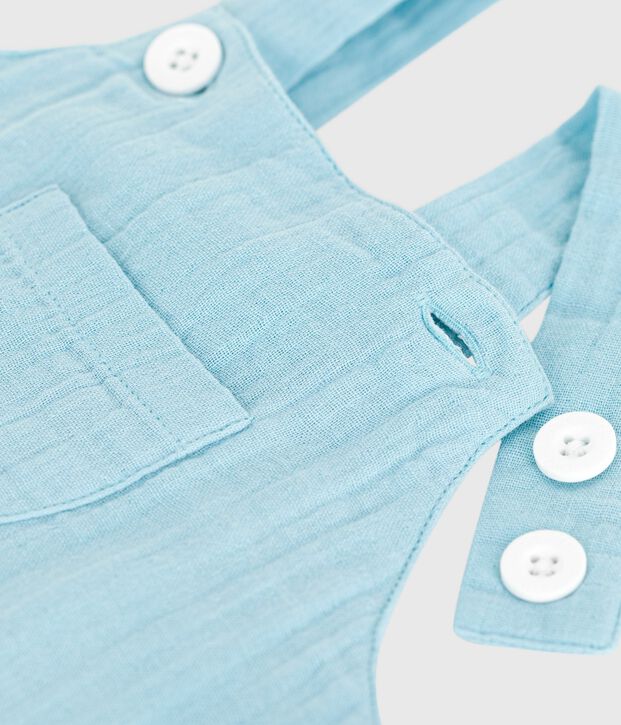 Babies' short-legged plain cotton gauze dungarees blue