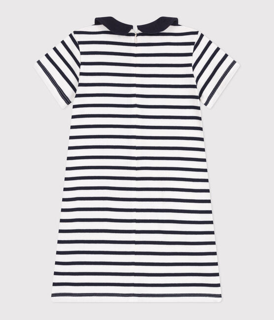 Children's short-sleeved cotton dress MARSHMALLOW white/SMOKING blue
