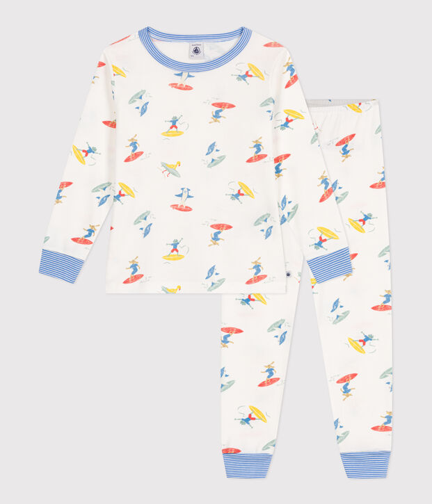 Children's long-sleeved surfer print cotton pyjamas white/multicolor