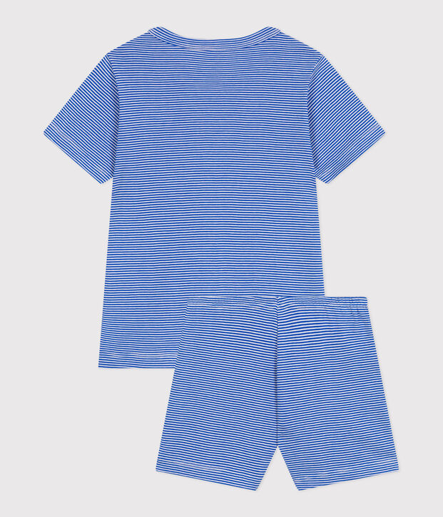 Children's short stripy cotton pyjamas blue/white