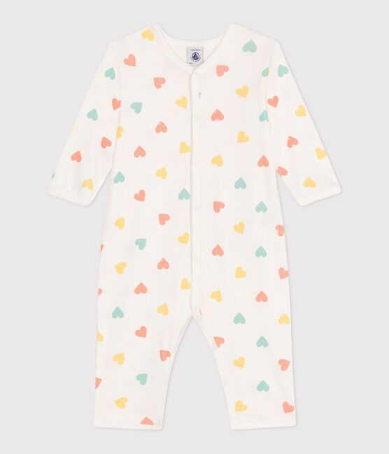 Babies' footless heart pattern cotton pyjamas MARSHMALLOW white/MULTICO white