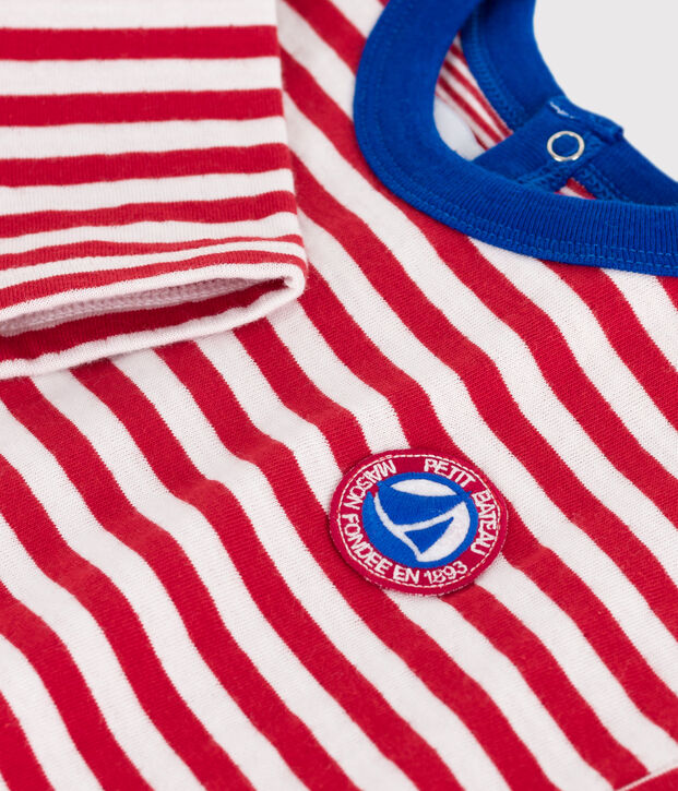 Babies' long-sleeved stripy cotton T-Shirt red/ecru
