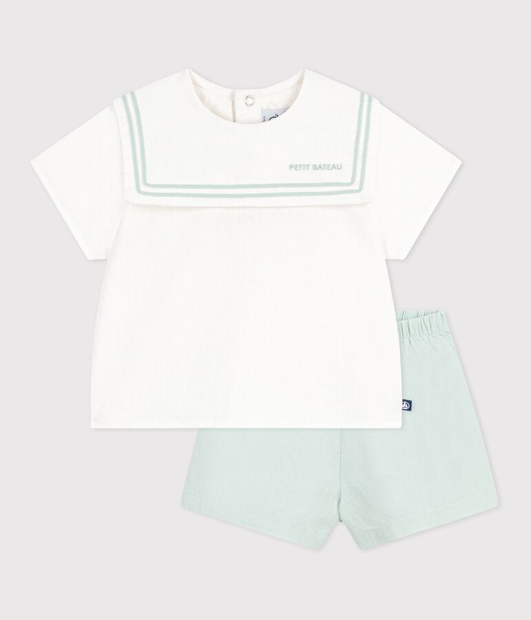 Babies' 2-piece cotton/linen outfit, with a sailor collar top white/blue