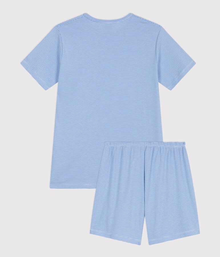 Children's short stripy cotton pyjamas blue/white