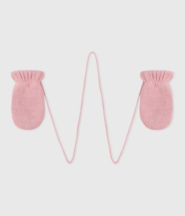Babies' knitted mittens lined in polar fleece pink