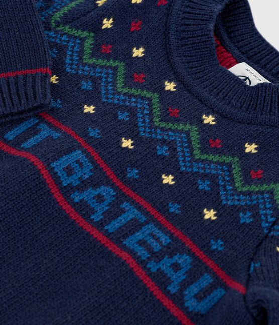 Babies' patterned wool and cotton jumper SOIR blue/MULTICO