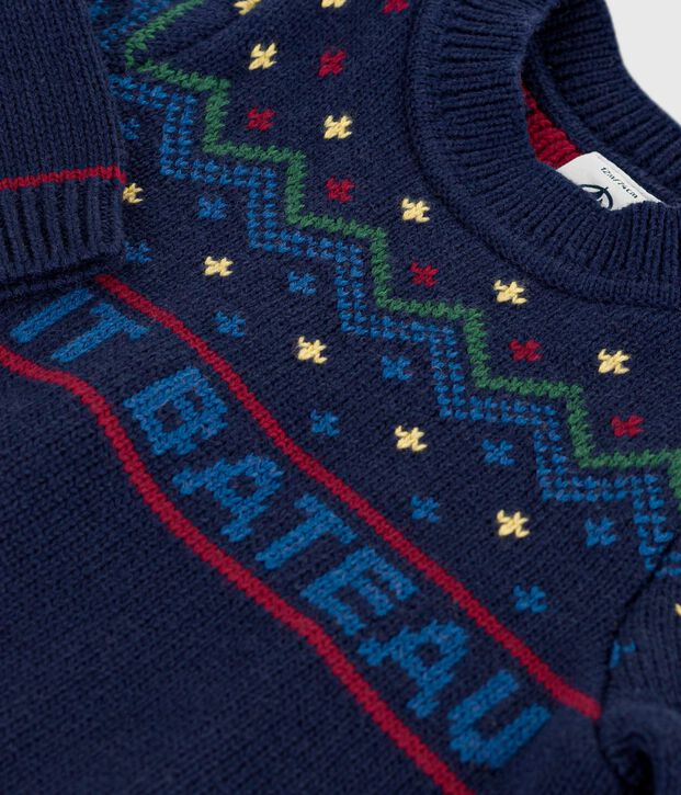 Babies' patterned wool and cotton jumper blue/multicolor