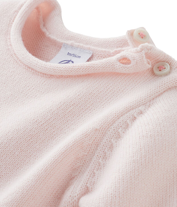 Unisex baby long all-in-one in wool and cotton knit with rabbit print pink