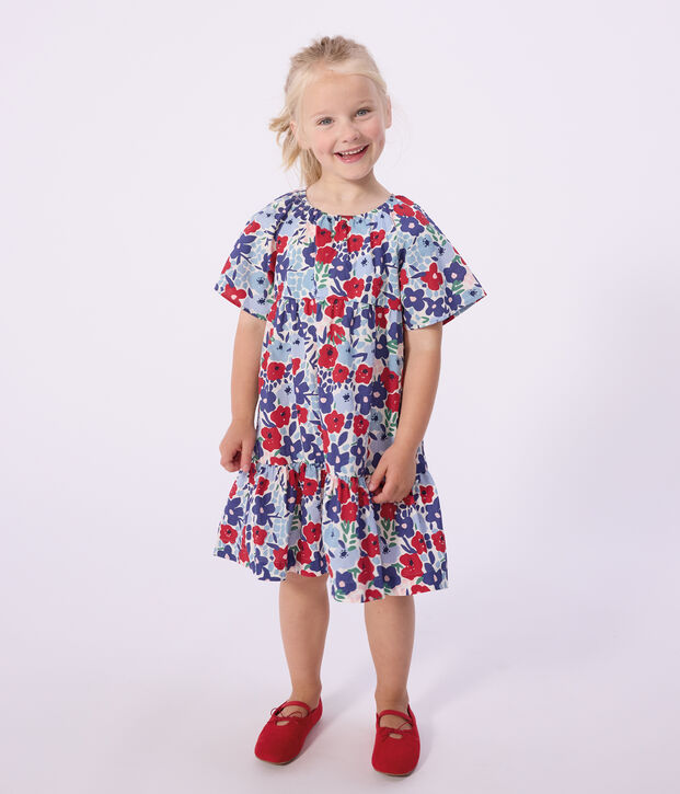 Children's short-sleeved floral print cotton dress white/multicolor