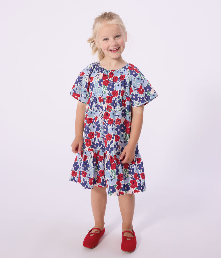 Children's short-sleeved floral print cotton dress white/multicolor