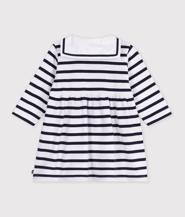 Babies' cotton dress with long sleeves and Breton stripes white/blue