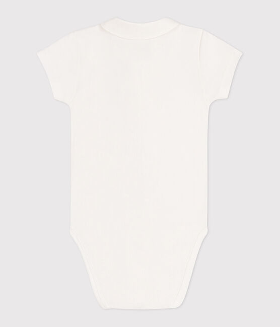 Newborns' short-sleeved cotton body with a collar MARSHMALLOW white