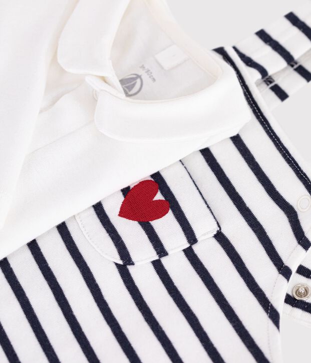 Babies' stripy cotton dungarees and collared body set white/blue