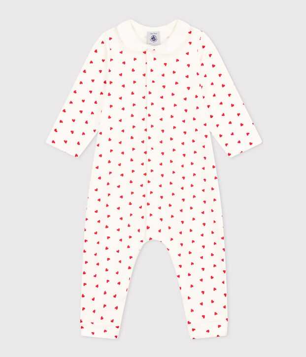 Babies' Little Heart Patterned Fleece Jumpsuit white/red