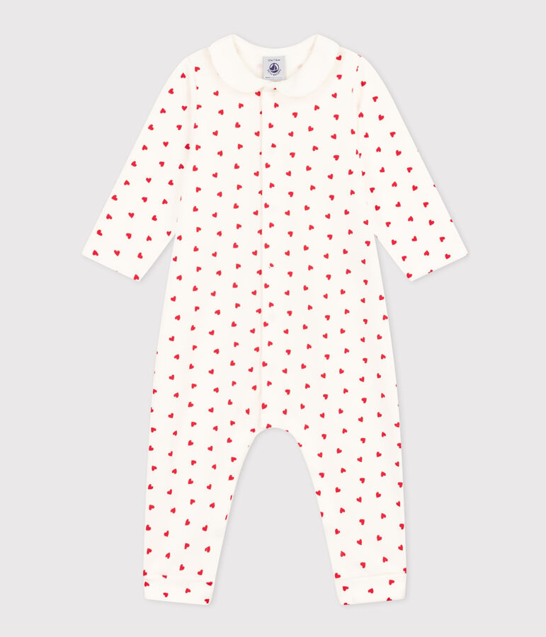 Babies' Little Heart Patterned Fleece Jumpsuit white/red