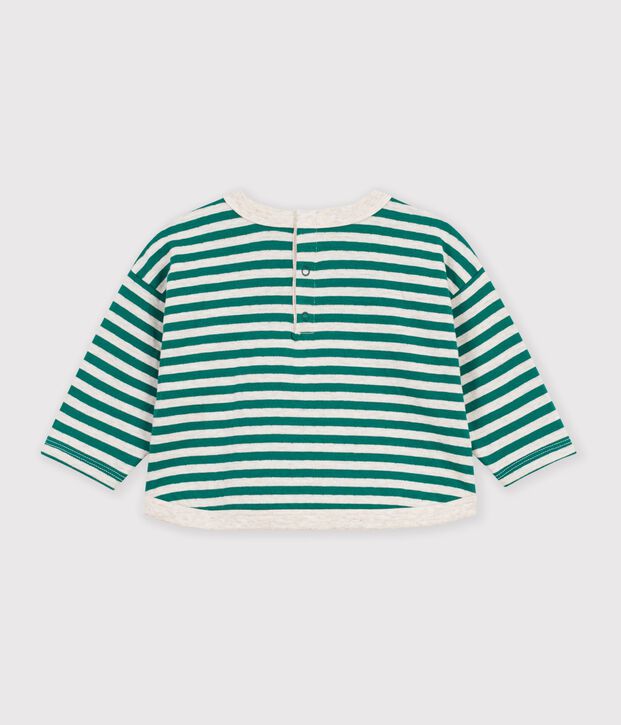 Babies' long-sleeved stripy cotton T-shirt. green/beige