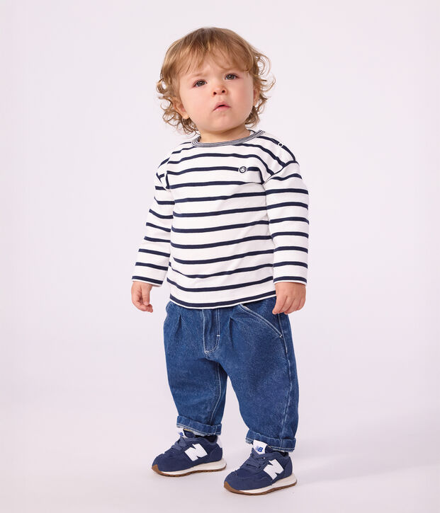 Babies' long-sleeved stripy cotton T-shirt. white/blue