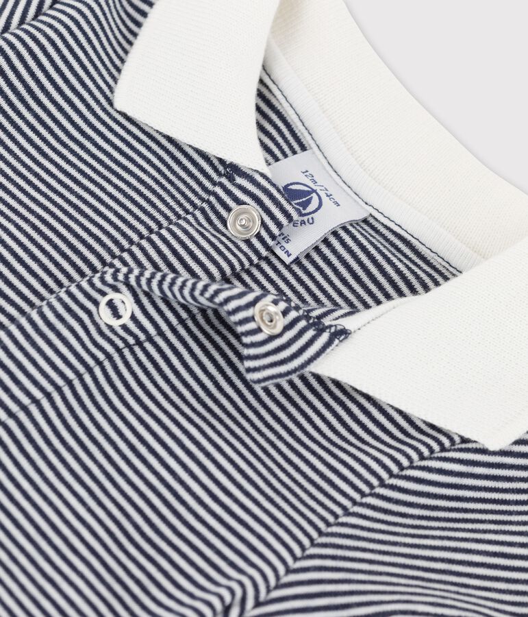 Babies' Organic Cotton Pinstriped Bodysuit With Polo Shirt Collar blue/white