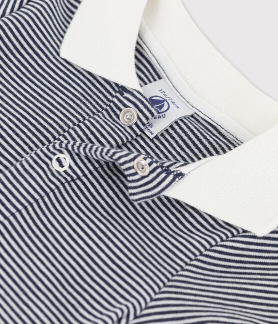 Babies' Organic Cotton Pinstriped Bodysuit With Polo Shirt Collar SMOKING blue/MARSHMALLOW white