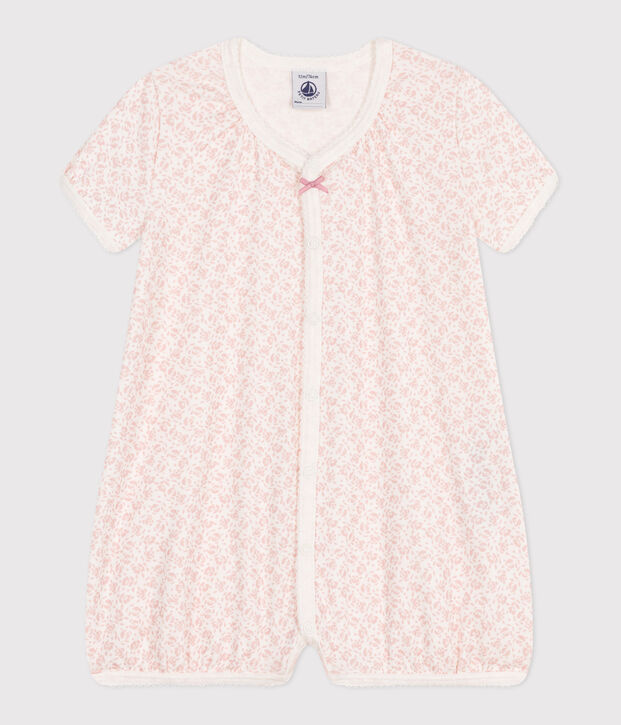 Babies' short floral cotton jumpsuit white/pink