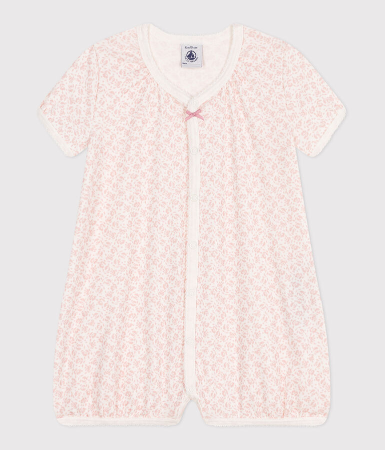 Babies' short floral cotton jumpsuit white/pink