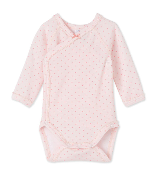 Newborn baby girls' long-sleeved bodysuit in wool and cotton pink/pink