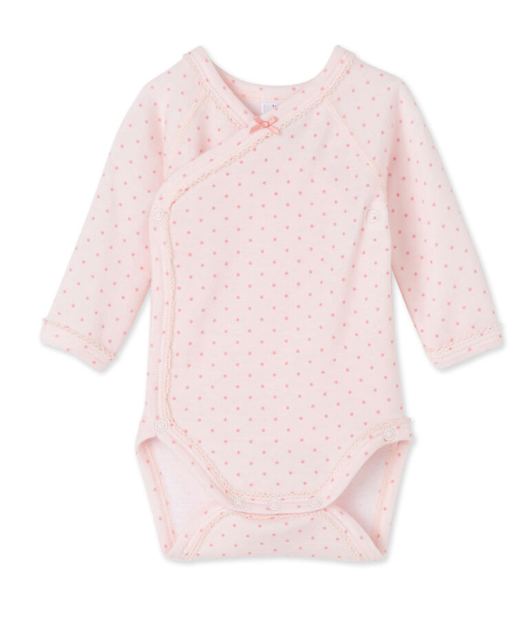 Newborn baby girls' long-sleeved bodysuit in wool and cotton VIENNE pink/GRETEL pink