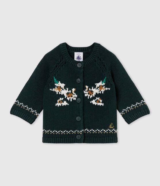 Baby girl's wool and cotton jacquard knit cardigan SHERWOOD green/MULTICO white