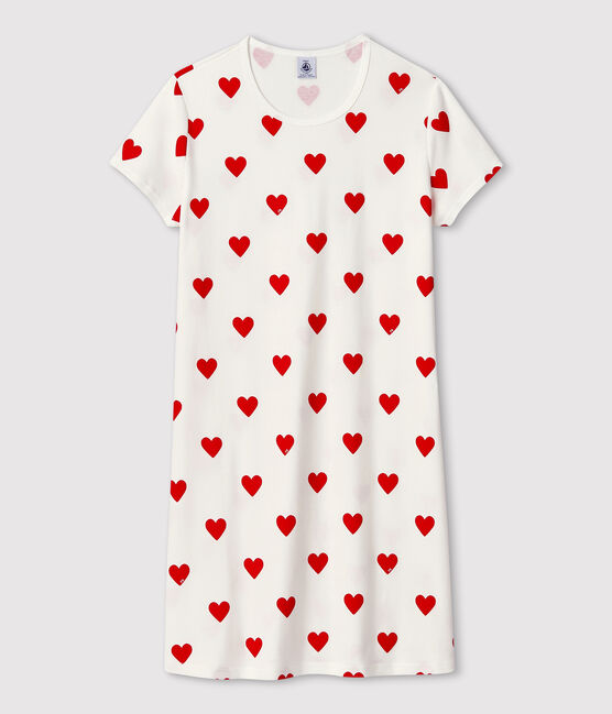 Girls' Heart Patterned Cotton Nightdress MARSHMALLOW white/TERKUIT red