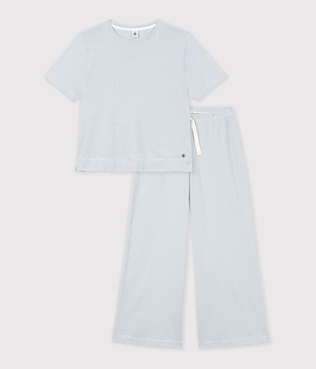 Women's wide-leg stripy cotton pyjamas grey/white