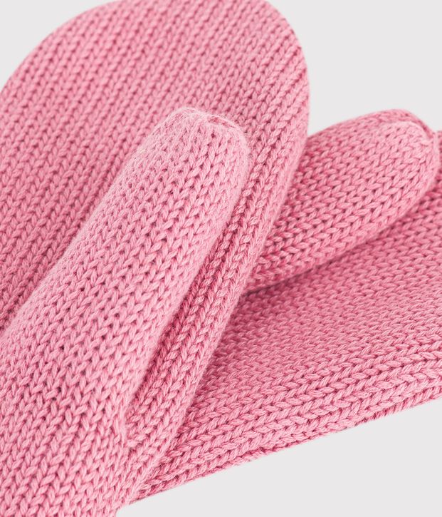 Children's plain knitted mittens lined with fleece pink