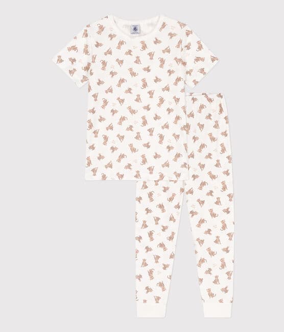 Children's unisex short-sleeved leopard print cotton pyjamas MARSHMALLOW white/MULTICO white