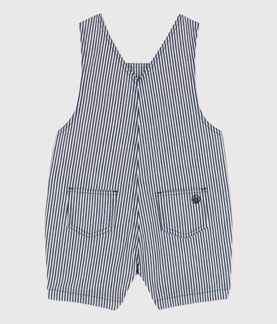 Babies' Stripy Short Dungarees MEDIEVAL blue/MARSHMALLOW white