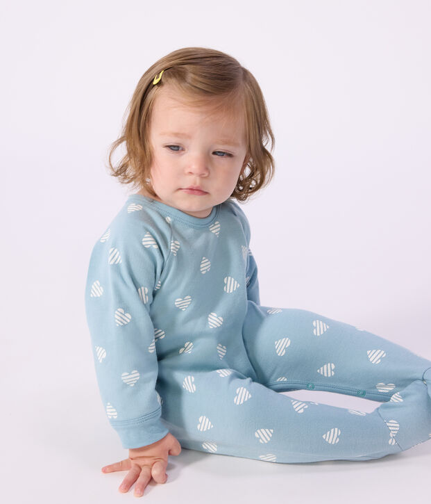 Babies' brushed fleece heart print pyjama suit green/white