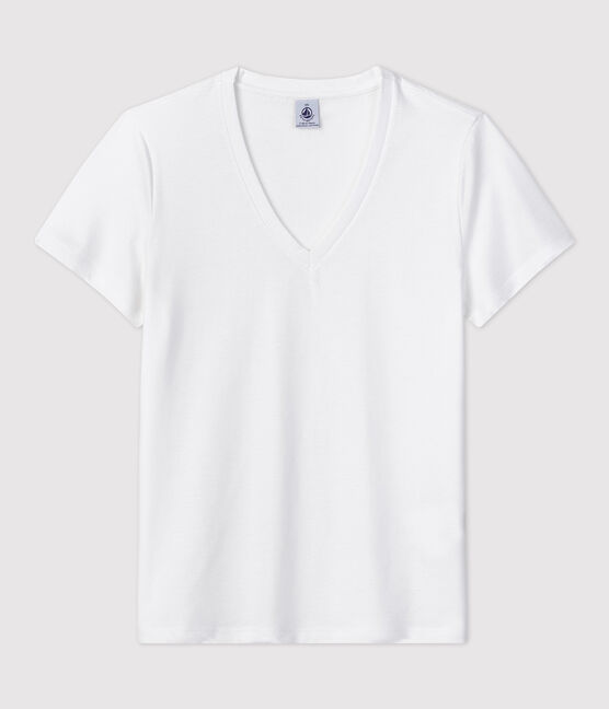 Women's Straight V-Neck Cotton T-Shirt ECUME white