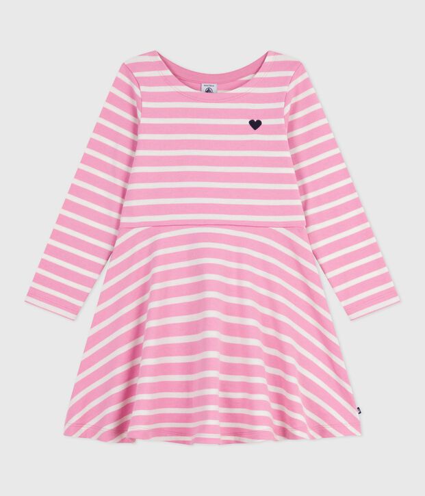 Children's long-sleeved cotton dress pink/ecru