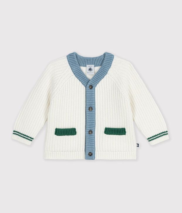 Babies' wool and cotton knit cardigan with contrast details white/multicolor