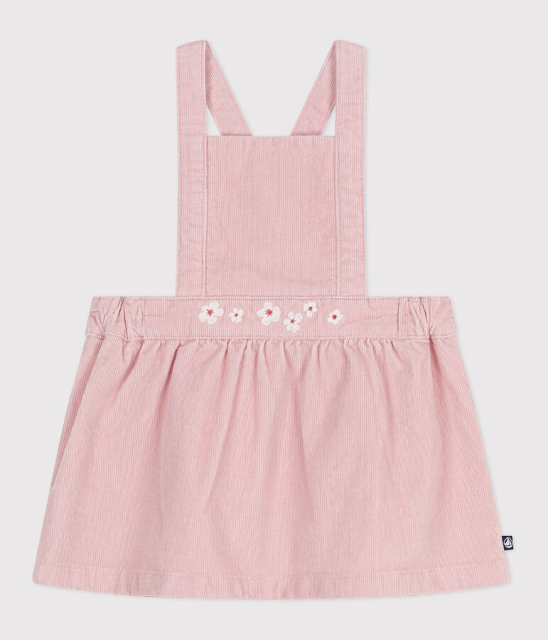 Babies' dress in corduroy embroidered with flowers on the waistband pink