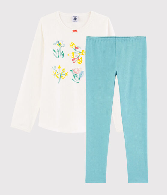 Girls' Springtime Floral Cotton Pyjamas TIKI blue/MARSHMALLOW white