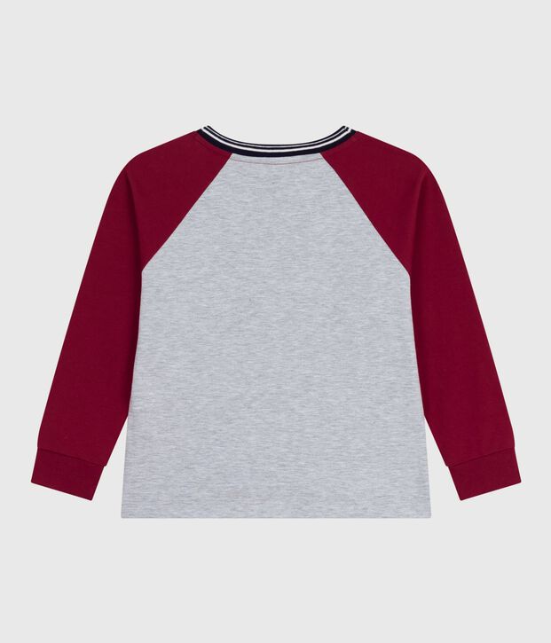Children's long-sleeved plain cotton T-shirt grey/red