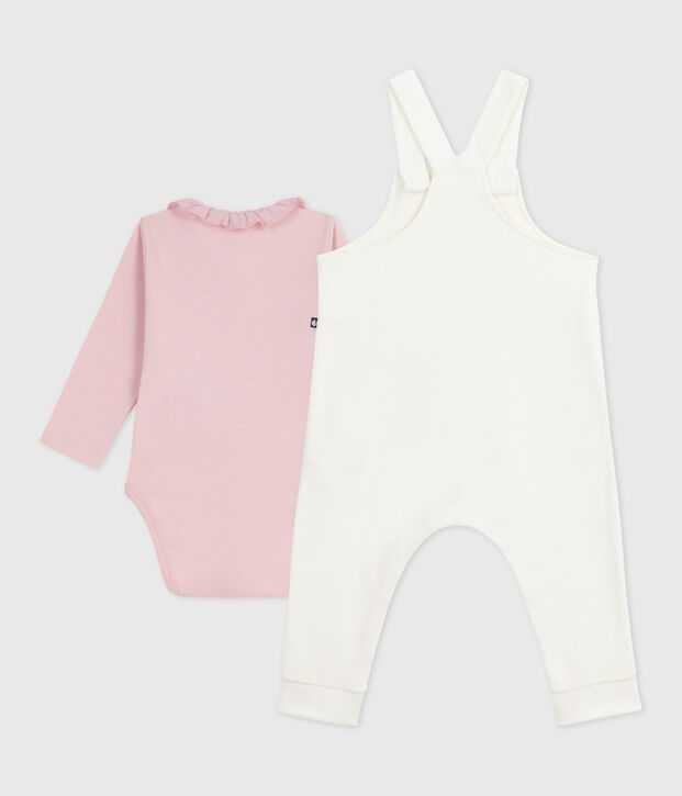 Babies' dungarees in plain cotton with stylish details Ecru/pink