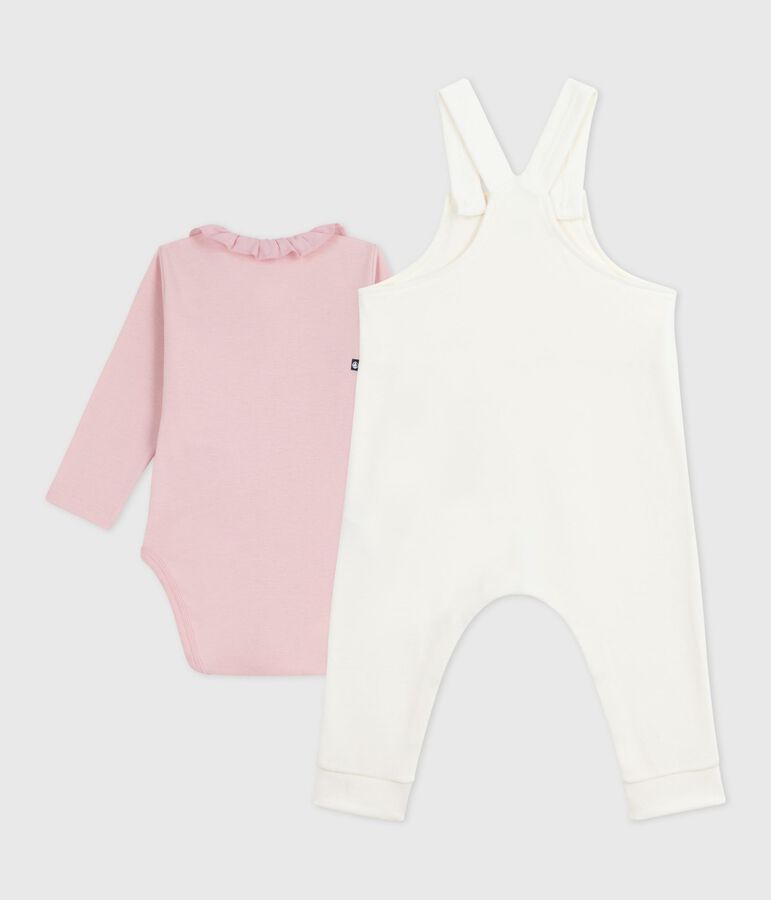 Babies' dungarees in plain cotton with stylish details Ecru/pink