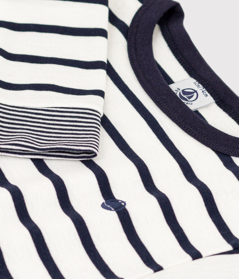 Babies' Long-Sleeved Stripy Cotton T-Shirt MARSHMALLOW white/SMOKING blue