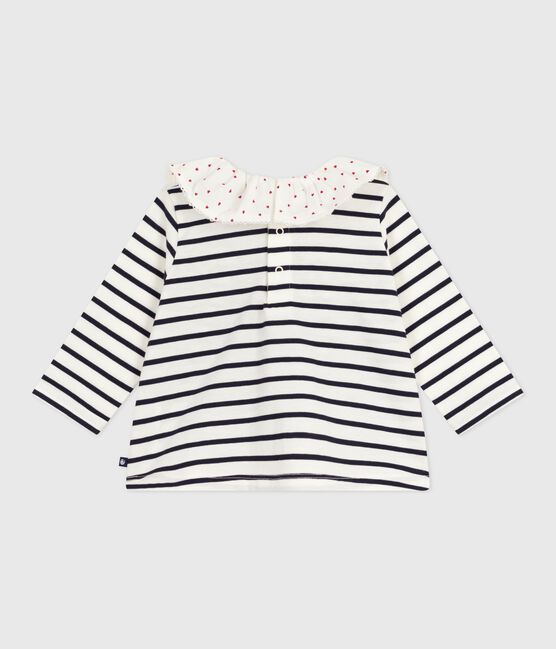 Babies' long-sleeved cotton blouse with Breton stripes and hearts on the collar MARSHMALLOW white/SMOKING blue