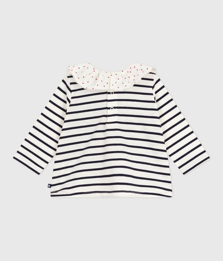 Babies' long-sleeved cotton blouse with Breton stripes and hearts on the collar white/blue