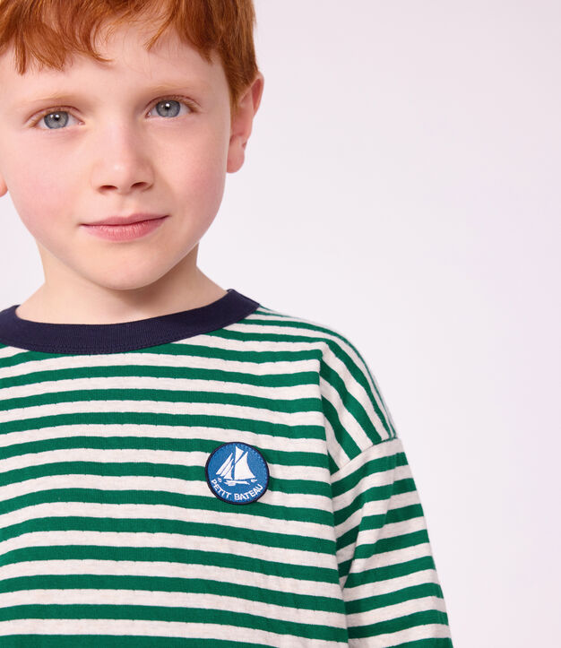 Children's long-sleeved stripy T-shirt green/beige/green