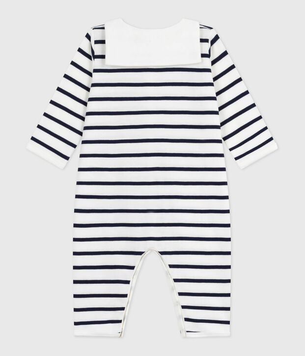 Babies' footless stripy boat-neck cotton pyjama suit white/blue