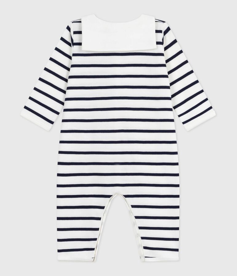 Babies' footless stripy boat-neck cotton pyjama suit white/blue