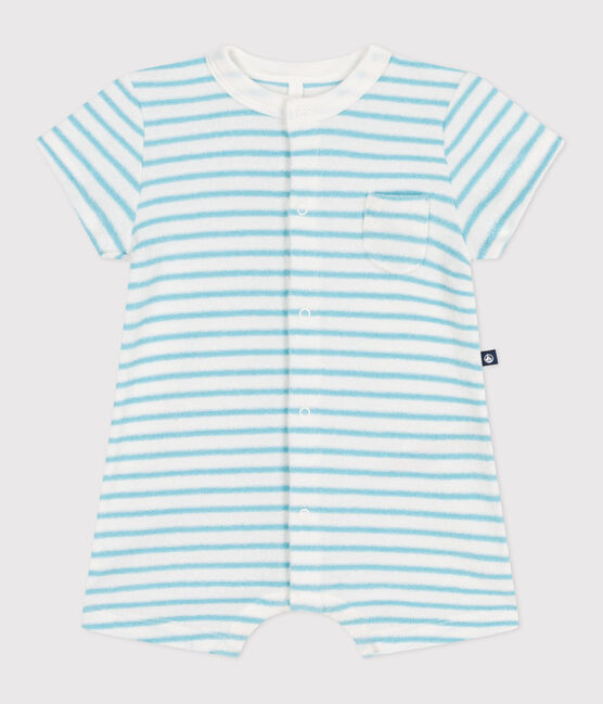 Babies' stripy cotton terry playsuit MARSHMALLOW blue/AQUATIC